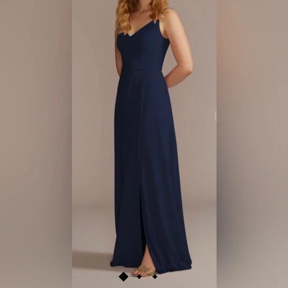 david's bridal marine bridesmaid dress David's Bridal, The Edit by DB Studio Women's Formal Spaghetti Strap A-Line  Dress with Slit, Full Length, Chiffon